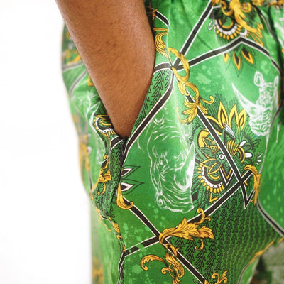 Mens Green Shorts, Printed, Silk Co-ord, Two-piece